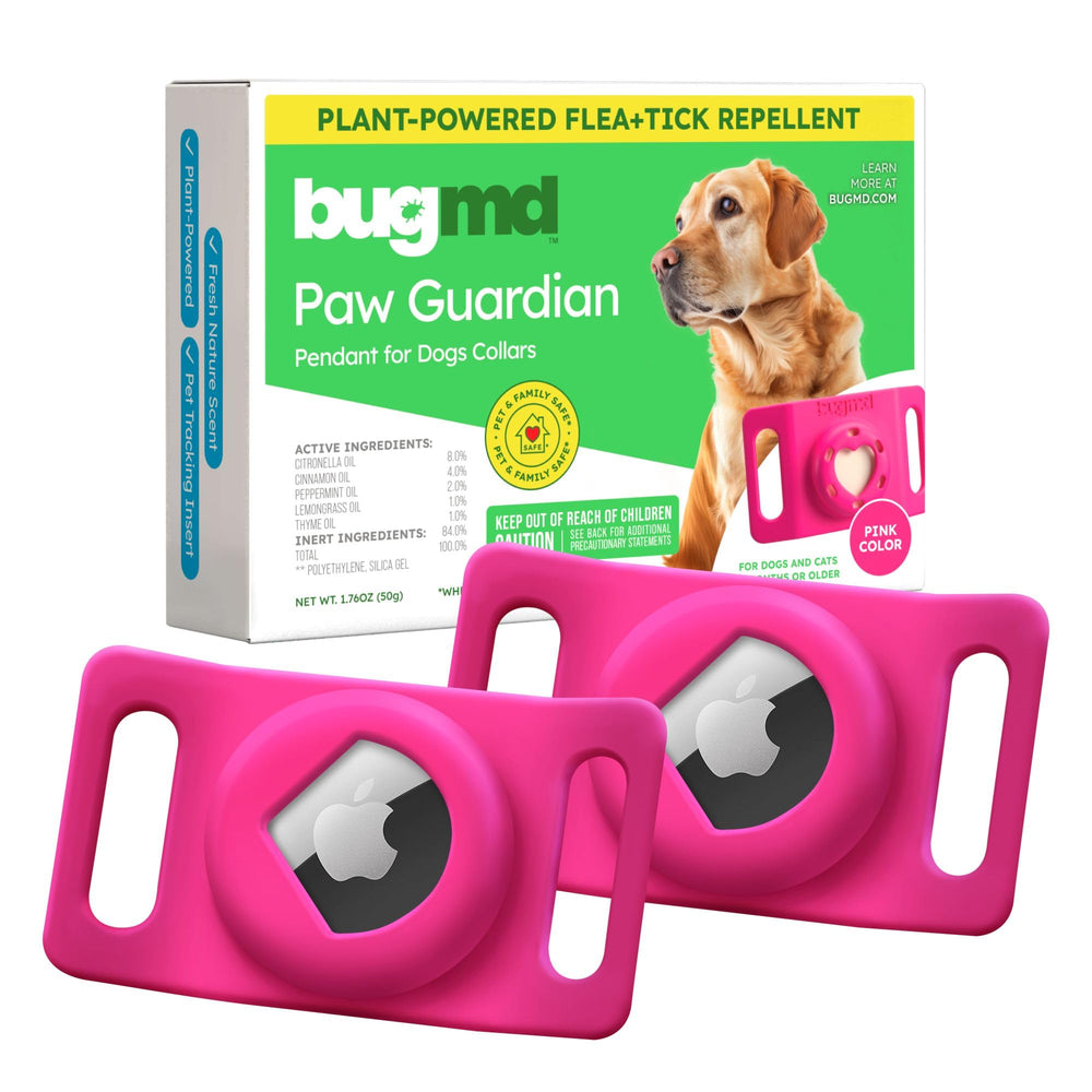 BugMD Paw Guardian pink pendant 2-pack on a dog collar for daily protection.