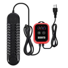 Buinto fish tank heater front view demonstrates double-tube heating for fast warming.