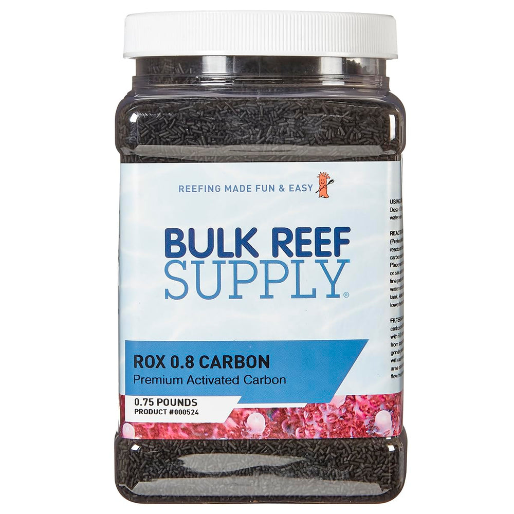 Bulk Reef Supply ROX 0.8 carbon packaging for premium aquarium filtration.