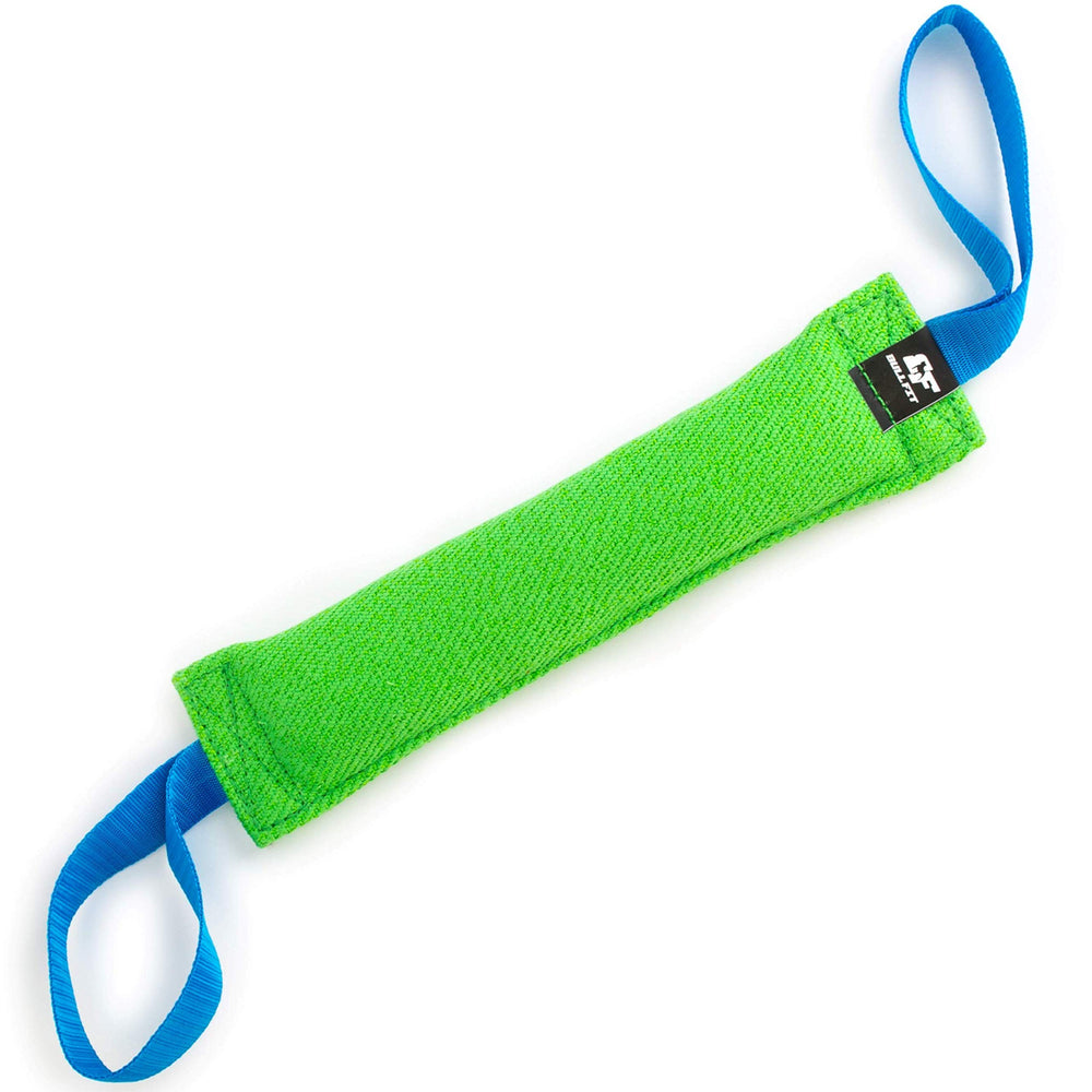 Bull Fit K9 bite tug toy front view shows durable French linen for long lasting play