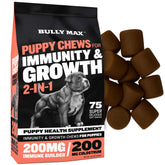 Bully Max packaging shows 2-in-1 puppy chews for growth and immunity.
