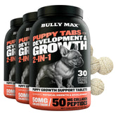 Bully Max puppy vitamins bottle front with chewable tabs for growth support.