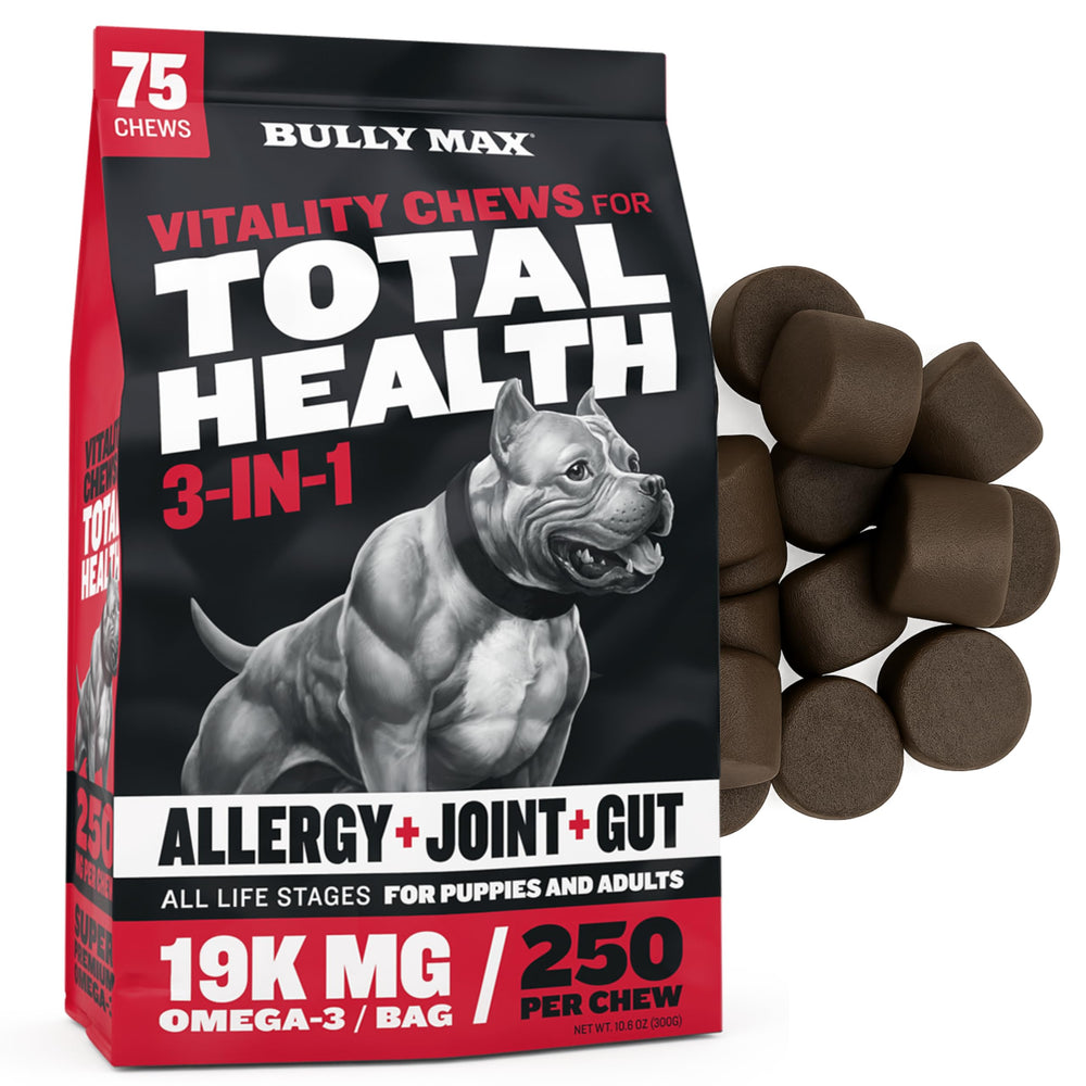 Bully Max Total Health chews pack front showing 75 soft treats for overall vitality.