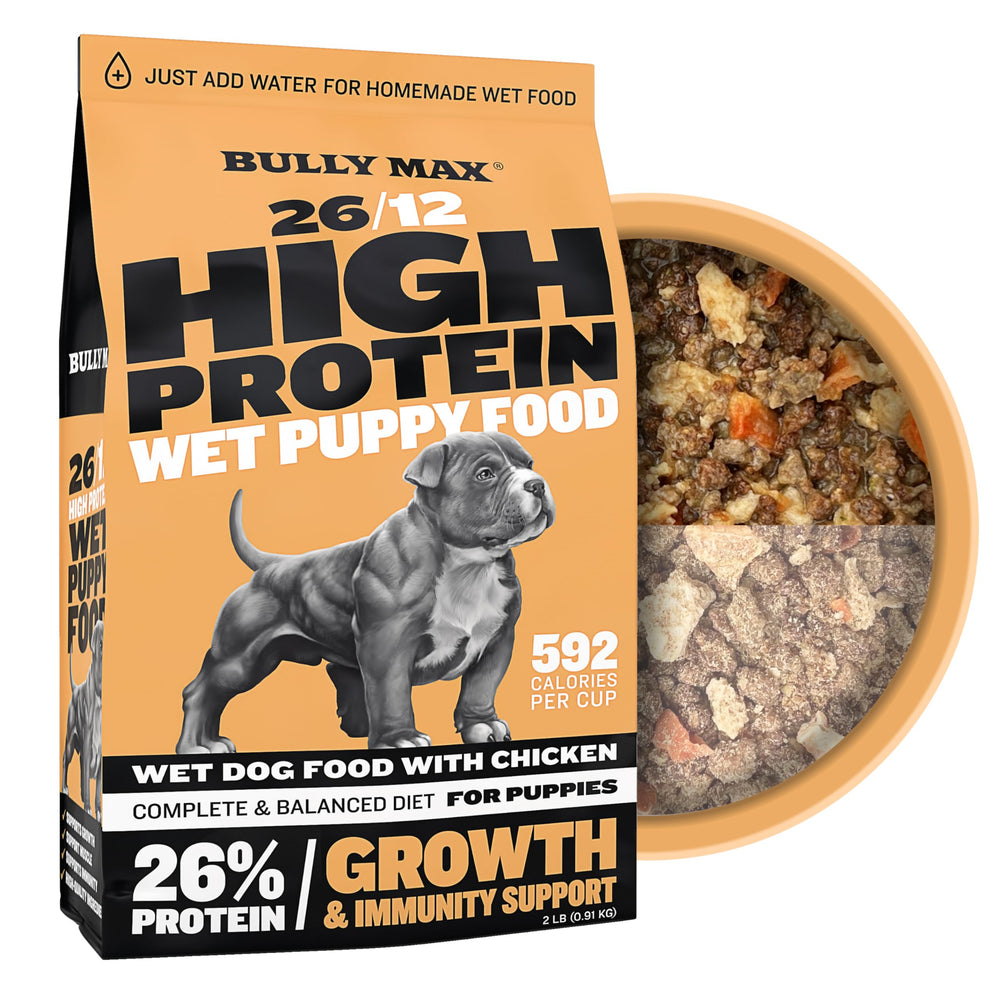 Bully Max Wet Puppy Food dehydrated chicken pieces ready to rehydrate for a high-protein meal.