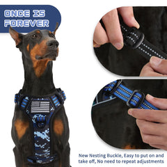 BUMBIN no-pull puppy harness shown in blue camouflage for training sessions.