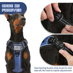 BUMBIN tactical dog harness denim blue XL side view shows adjustable fit for small dogs.
