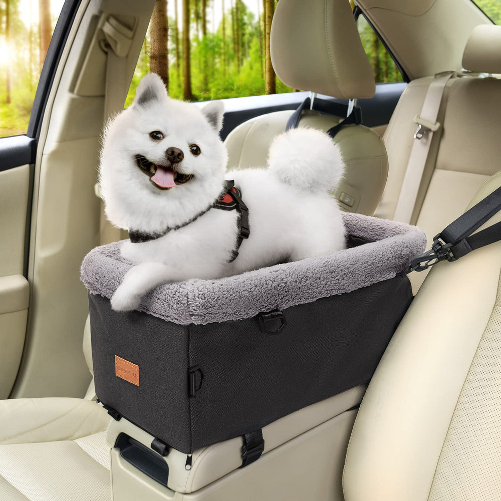 BurgeonNest dog car seat center console keeps small dogs secure on trips.