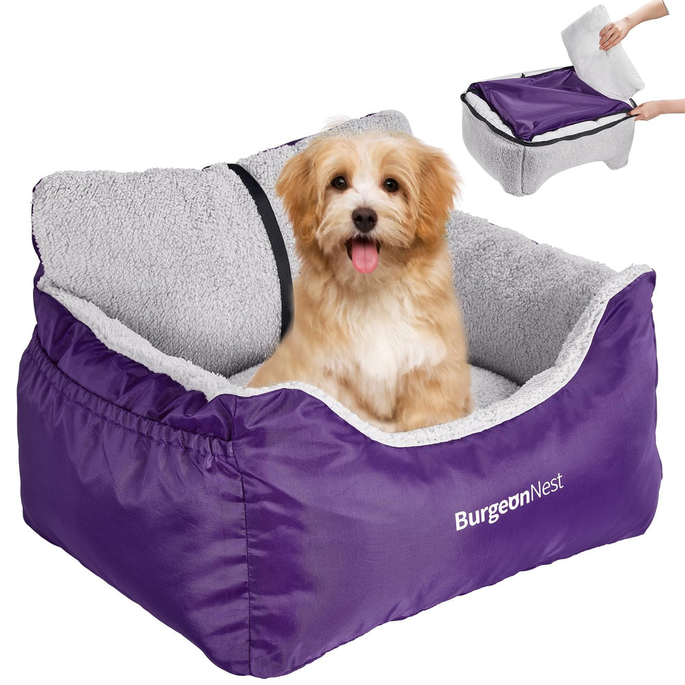 BurgeonNest dog car seat purple front view for secure small-dog booster travel