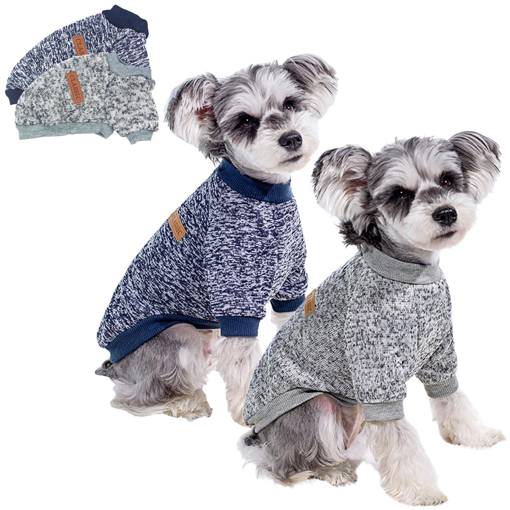 Bwealthest two-pack dog sweaters in navy blue worn by a small dog for warm winter days.
