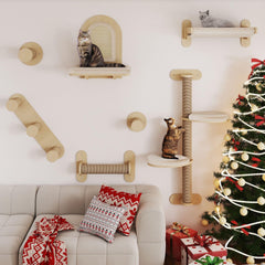 BYBYME 7Pcs cat wall shelves assembly view highlighting space-saving, sturdy wall-mounted playground.