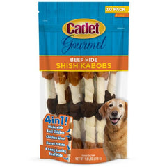 Cadet 4-in-1 beef hide shish kabobs packaging shows long-lasting chew rewards