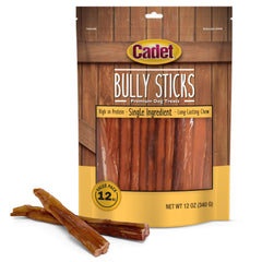 Cadet Bully Sticks pack-shot for small dogs, 12 oz bag, protein-rich reward.