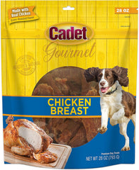 Cadet Chicken Breast Jerky bag closeup shows premium protein for active dogs