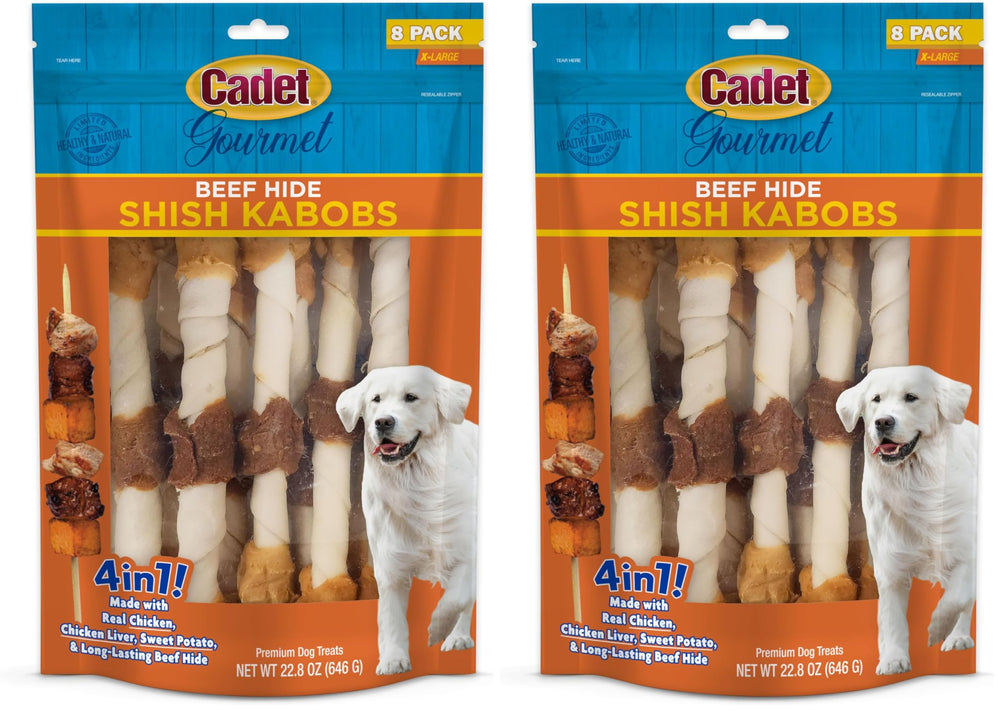 Cadet Gourmet Shish Kabob dog chews 10-inch sticks for large dogs—dental care and tasty protein blend