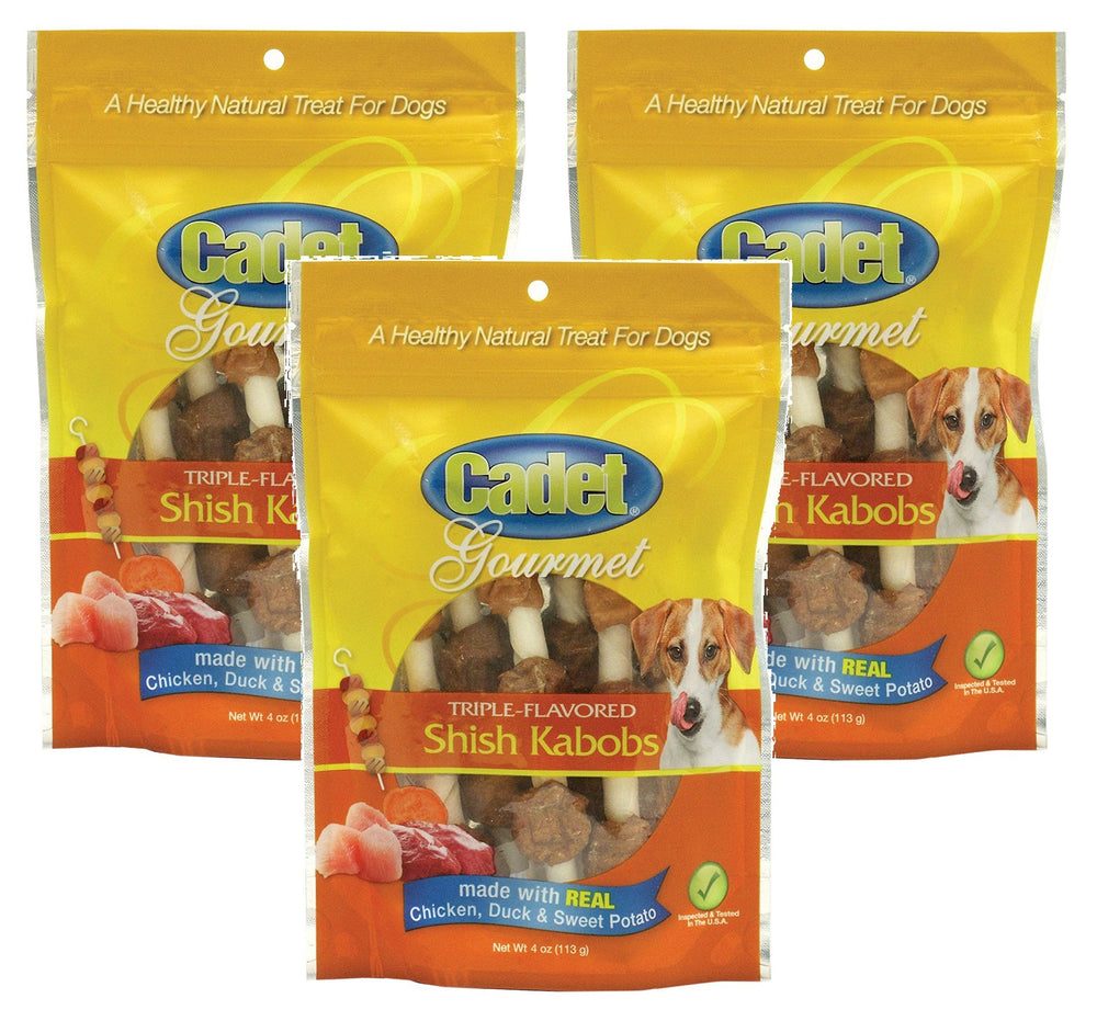Cadet Gourmet Shish Kabobs packaging highlights premium dog treats for daily rewards.