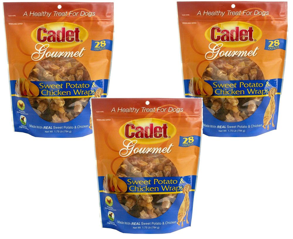 Cadet Gourmet Wraps packaging featuring chicken and sweet potato for tasty rewards.