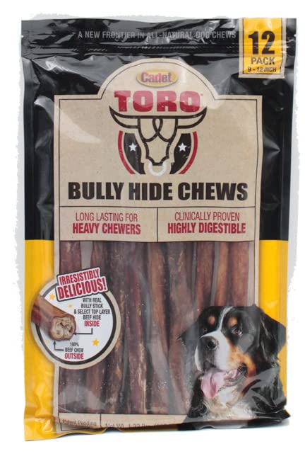 Cadet Toro bully hide sticks 9-12 pack closeup for long-lasting dog chew enjoyment