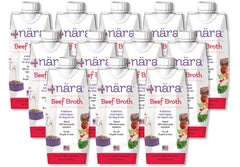 Cafe Nara grain-free beef bone broth topper packaging shows 12-pack for hydration