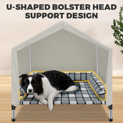 Caghash elevated dog bed house canopy provides sun protection during outdoor use.