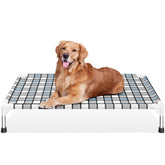 Caghash elevated outdoor dog bed side view shows sturdy frame and breathable comfort.