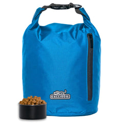 Callieco dog food travel bag roll-top closure keeps kibble secure and dry on adventures.