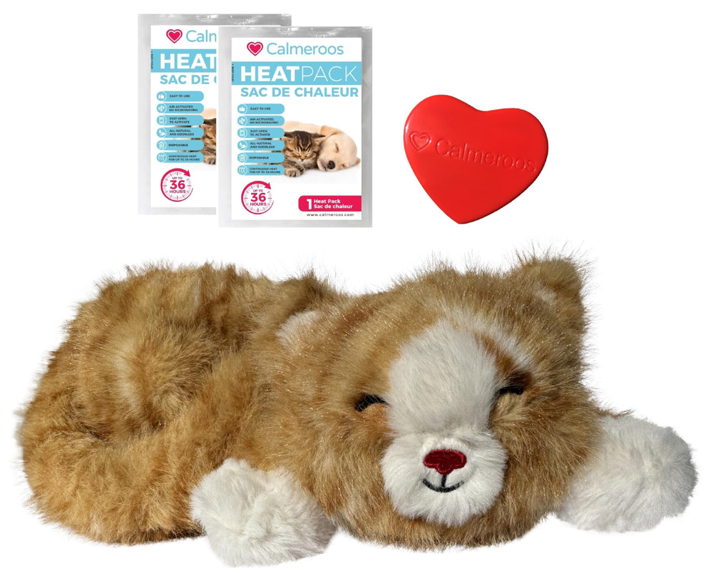 Calmeroos heartbeat-simulator plush dog with orange stripe soothing anxious pets at night.