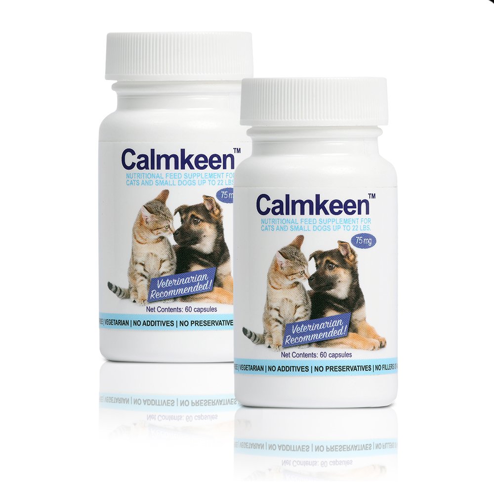 Calmkeen 75mg bottle side view showing packaging for small pets calming support