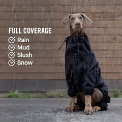 Canada Pooch dog slush suit side view black enables easy on-off in damp weather.