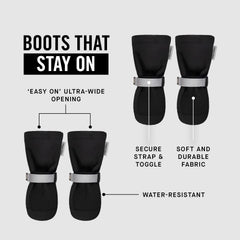 Canada Pooch dog winter boots include reflective strap for night safety.