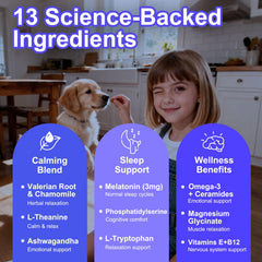 Valerian root and chamomile ingredients highlighted in CanfitMe calming dog chews