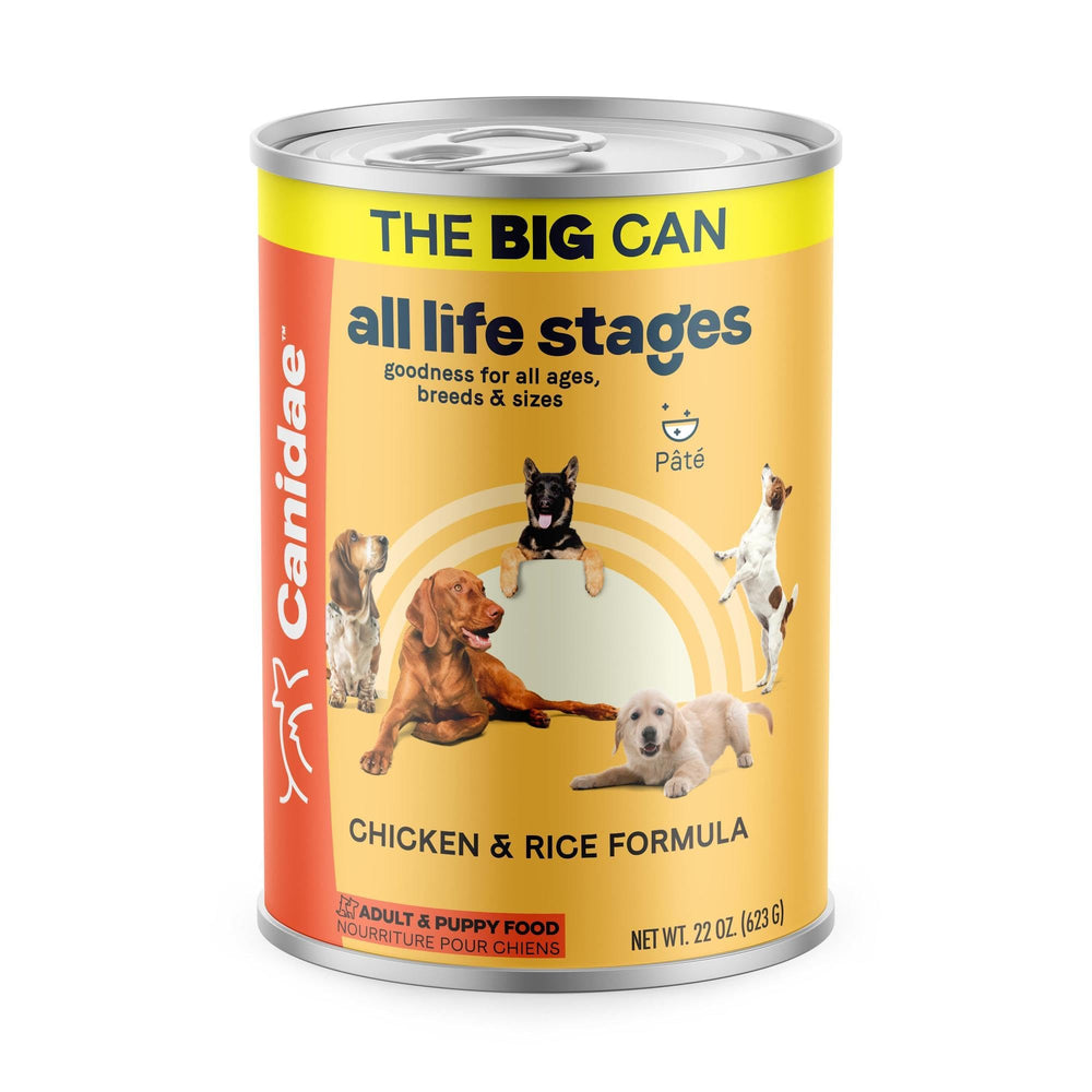 CANIDAE All Life Stages wet dog food can 22oz case shown for multi-dog feeding convenience.