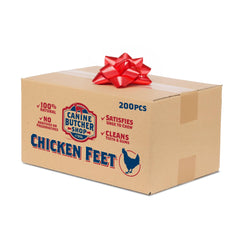 Canine Butcher Shop chicken feet 200-pack packaging showcases easy store-and-serve chews.