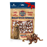 Canine Butcher Shop bully stick spiral pack6 assembly, durable all-natural chew for satisfying chewing urges.