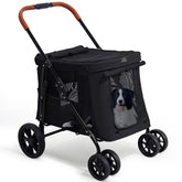 CANINE CANYON Scout stroller folding button demonstrates quick one-handed collapse for travel