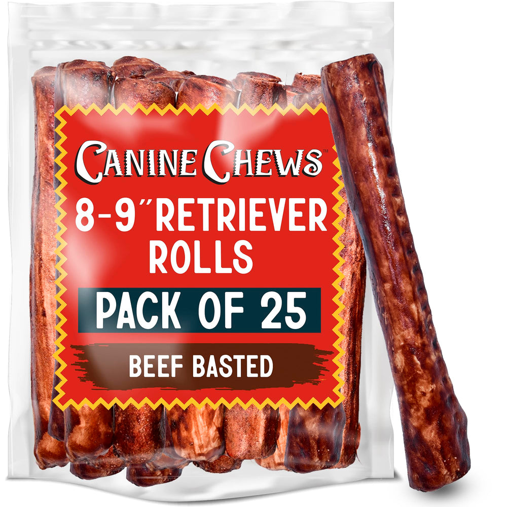 Canine Chews beef-basted rawhide rolls for large dogs provide long-lasting chew.