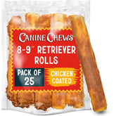 Canine Chews packshot of chicken-coated rawhide rolls, a long-lasting chew for large dogs.