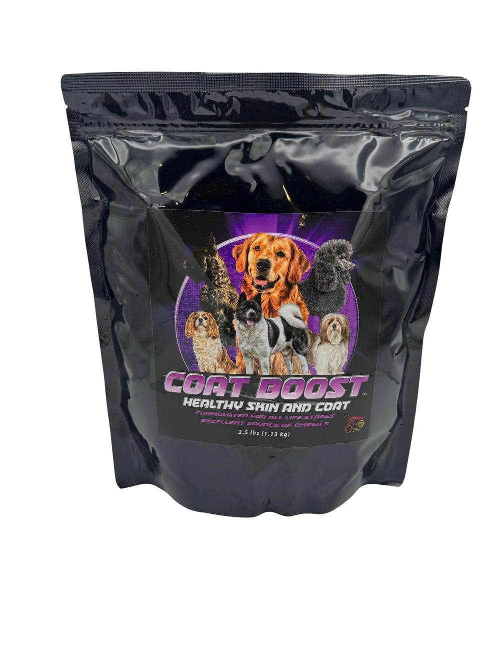 Canine Performance Nutrition Coat Boost bottle pour shows easy daily dosing for a shinier coat
