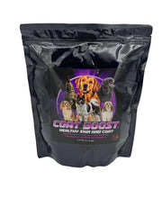 Canine Performance Nutrition Coat Boost bottle pour shows easy daily dosing for a shinier coat