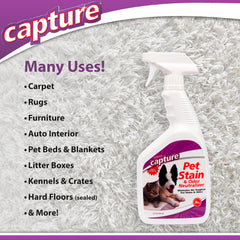 Capture Pet Stain & Odor Remover carpet-cleaner concentrates on stubborn stains like urine and drool.