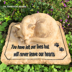 Carchistan cat memorial stone in poly resin resists outdoor weather and fading.