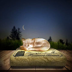 Carchistan solar light cat memorial statue glowing at night for garden remembrance.