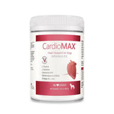CARDIOMAX heart-support granules bottle label demonstrates vet formulation for canine heart health.