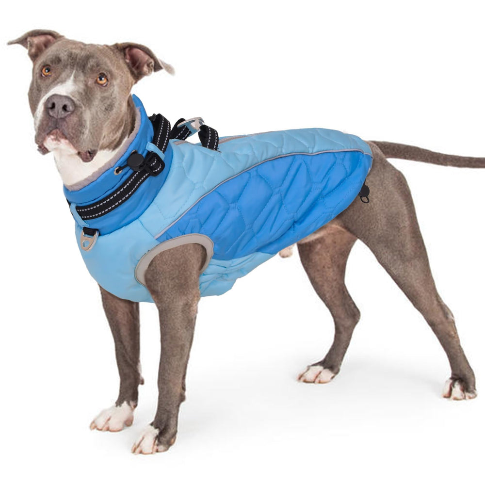 CAREUPET XL blue coat shows waterproof fabric for reliable rain protection.