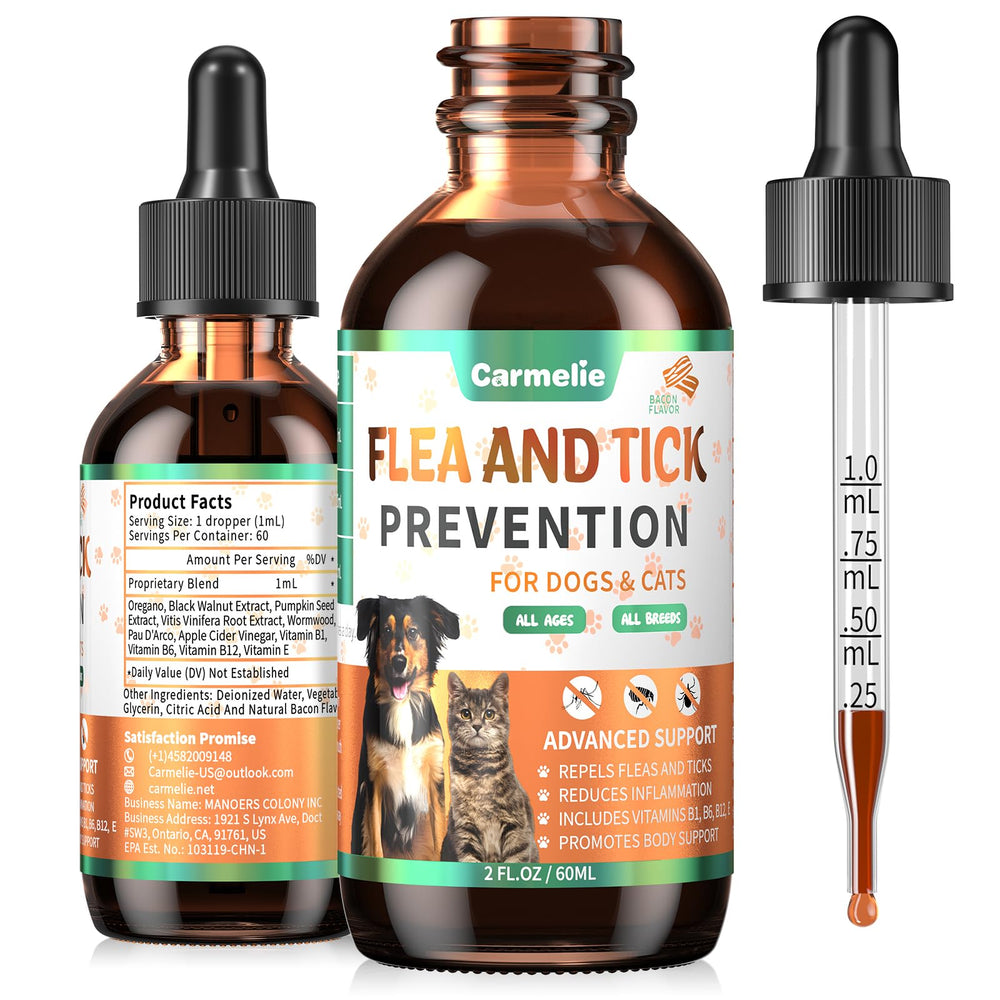 Carmelie bacon-flavored flea drops bottle for easy daily pet protection.