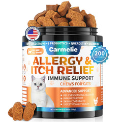 Carmelie Cat Allergy Chews bottle promotes long-lasting allergy relief and skin comfort.