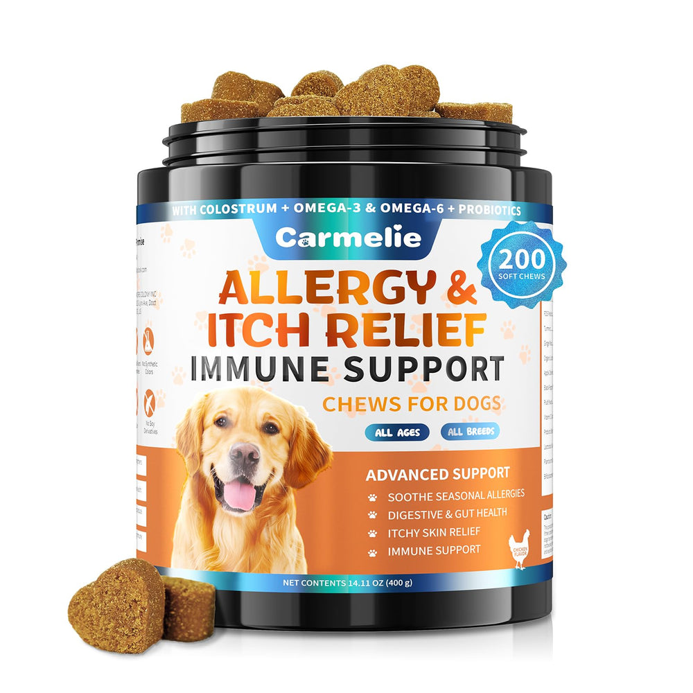 Carmelie dog allergy chews packaging highlights 200-count bottle for allergy relief.