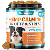 Carmelie dog calming chew with chicken flavor, easing nerves during stressful events