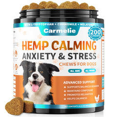 Carmelie dog calming chew with chicken flavor, easing nerves during stressful events