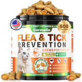Carmelie flea tick chews jar closeup showing daily protection for cats