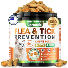 Carmelie flea tick chews jar closeup showing daily protection for cats